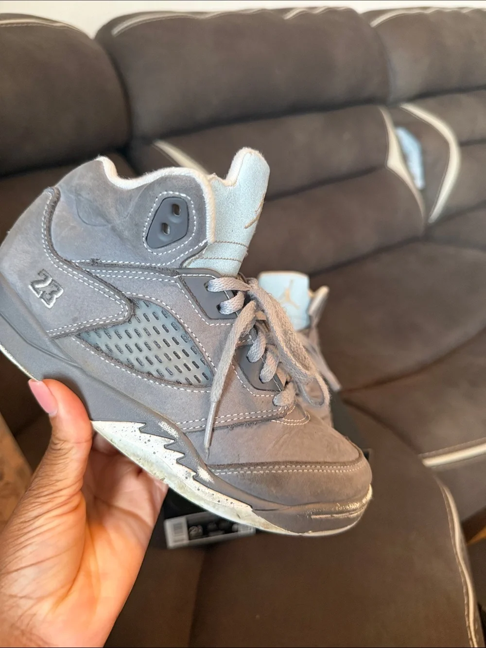 Jordan 5 Retro  Kids Light Grey and Light Blue Jordan Retro Sneakers